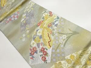 引箔地紙に花々・扇模様織出し袋帯